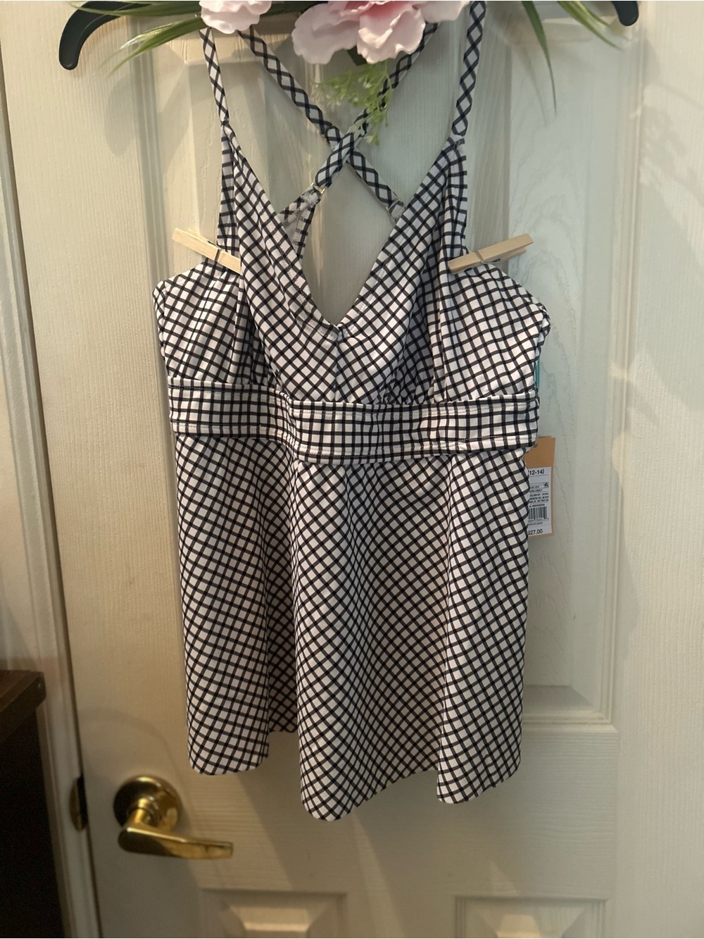 Kona sol Black and White Checked Crisscross Strap Women's swimming suit.